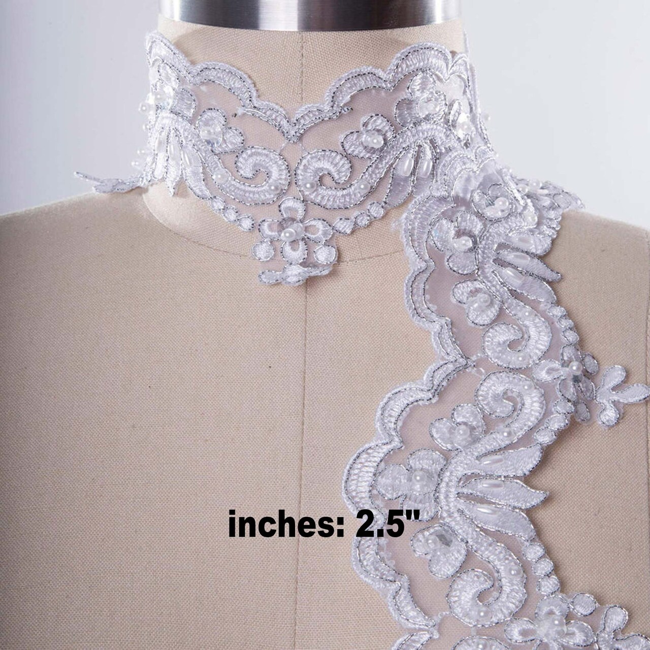 1 Yard 2.5" Wide Metallic Silver Bridal Lace Trim Chiffon with Pearls & Sequins